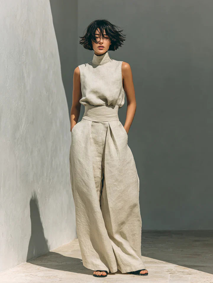 FLOR MINIMALIST COTTON-LINEN SET: TOP & WIDE-LEG PANTS