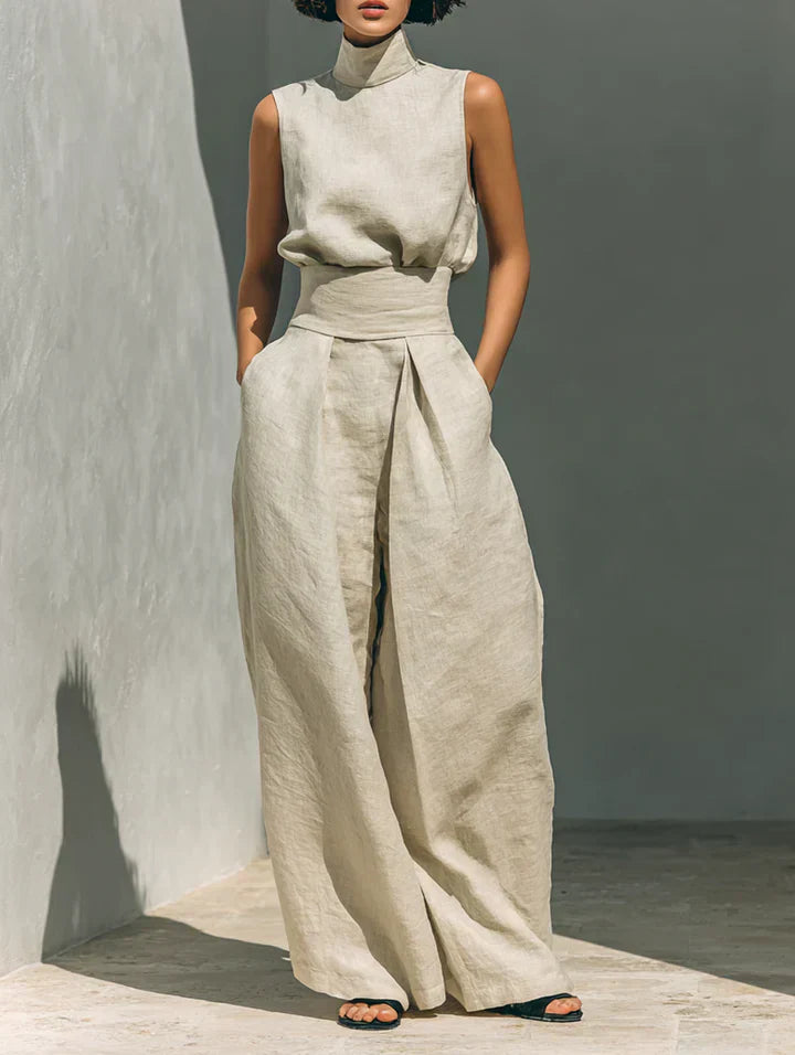 FLOR MINIMALIST COTTON-LINEN SET: TOP & WIDE-LEG PANTS