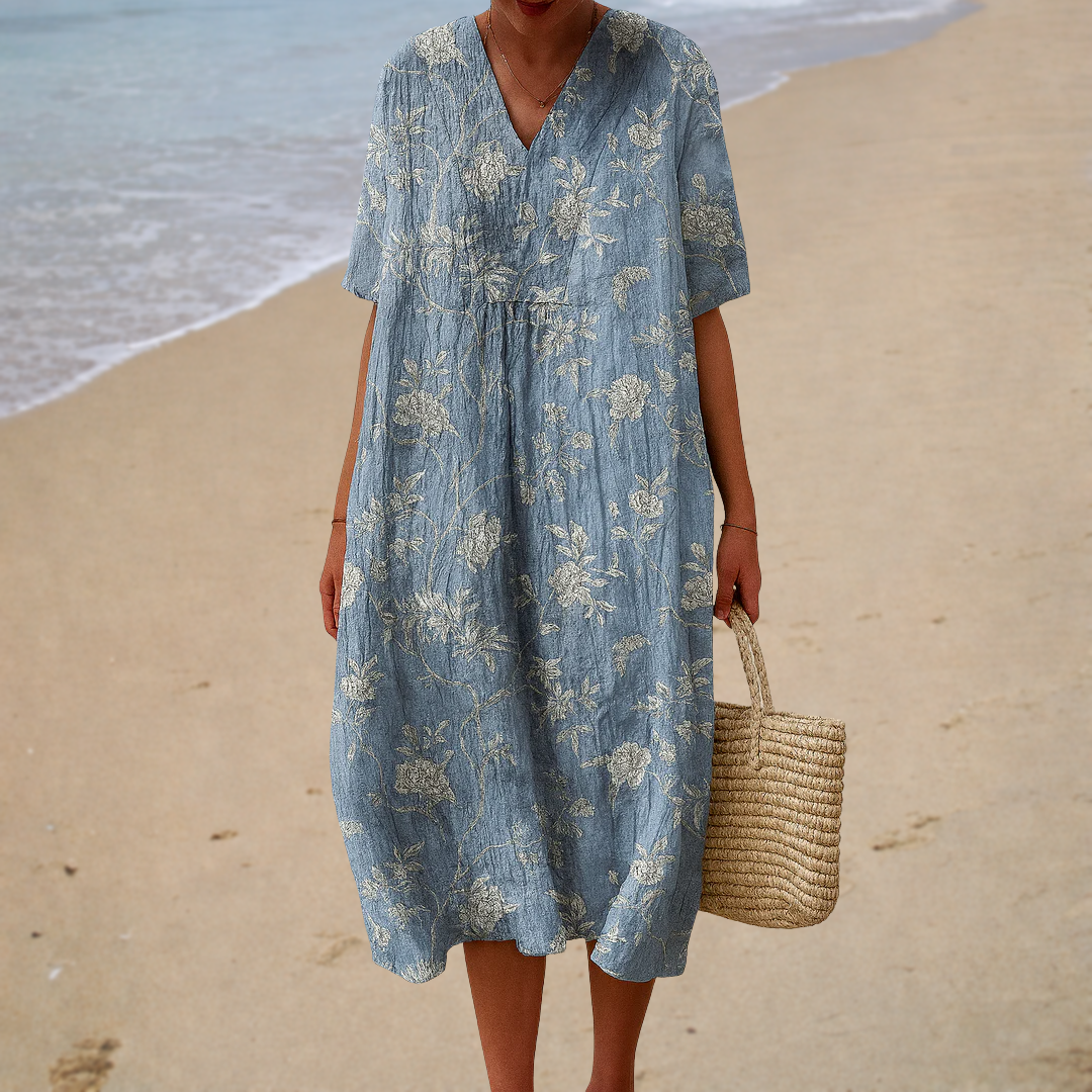 FLATTERING PRINTED SUMMER DRESS - BLUE