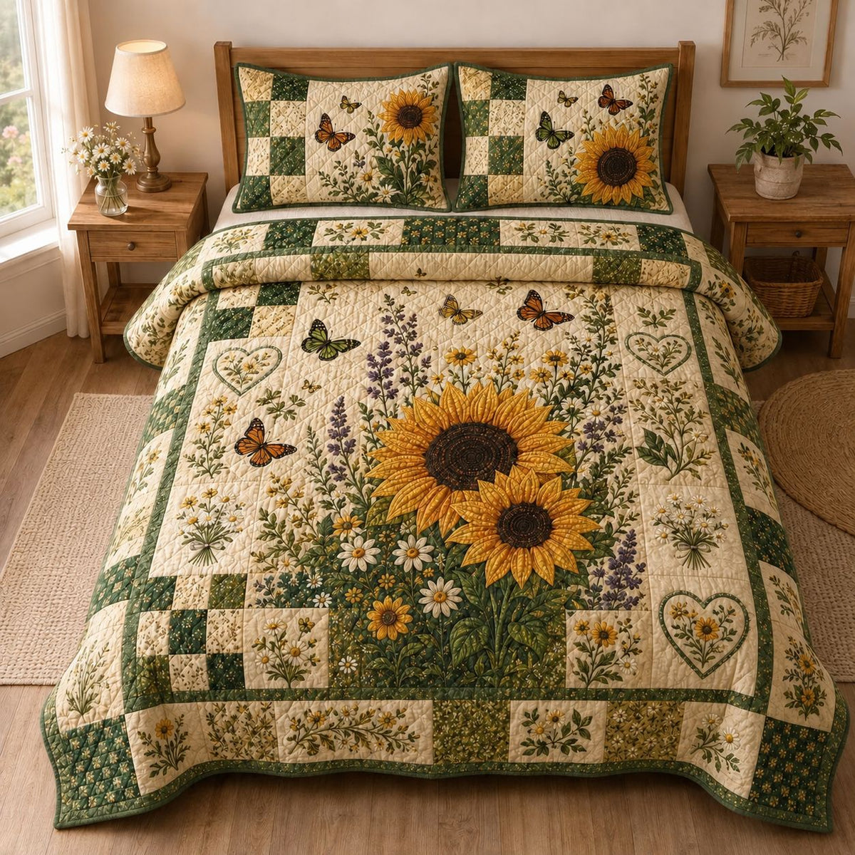 Sunflower & Butterfly Patchwork Quilted Bedding Set TP78