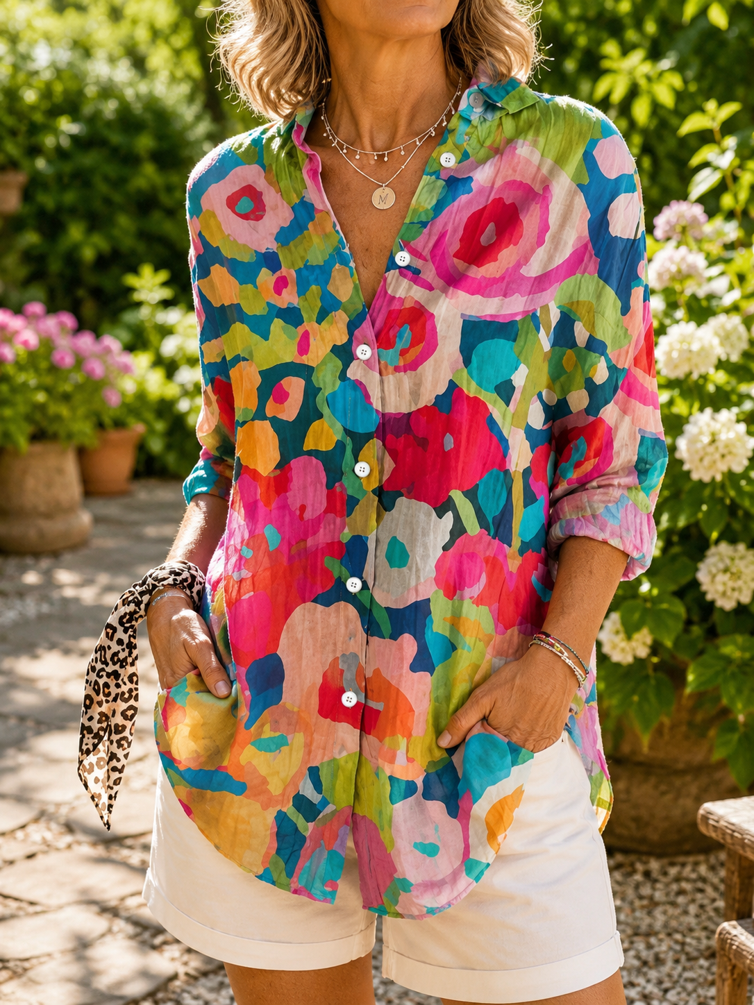 VIBRANT ART PRINT BUTTON-UP BLOUSE