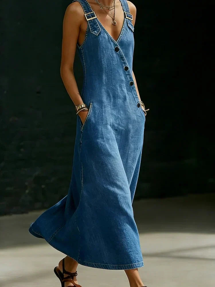 VERA BUTTON-FRONT DENIM MAXI DRESS