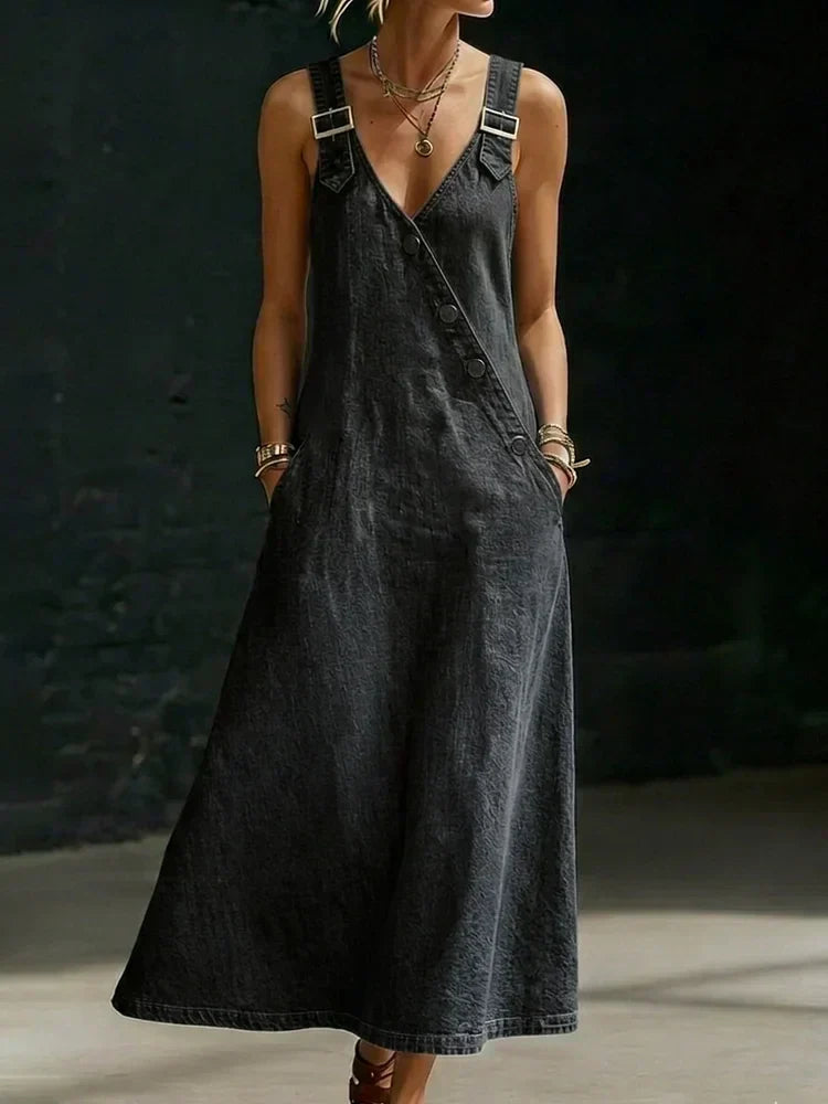VERA BUTTON-FRONT DENIM MAXI DRESS