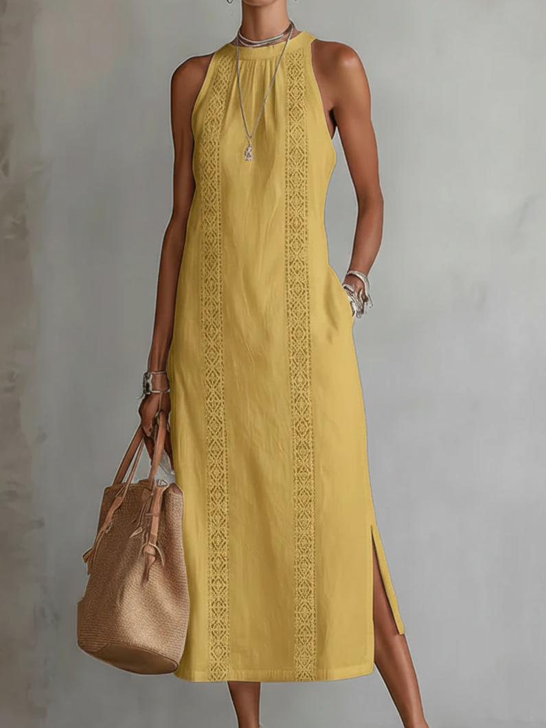 JIMENA LINEN MANDARIN COLLAR MIDI DRESS