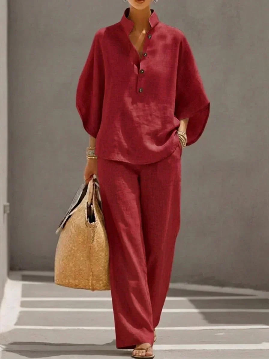 MARIBEL LINEN BATWING SLEEVE & WIDE-LEG PANTS SET