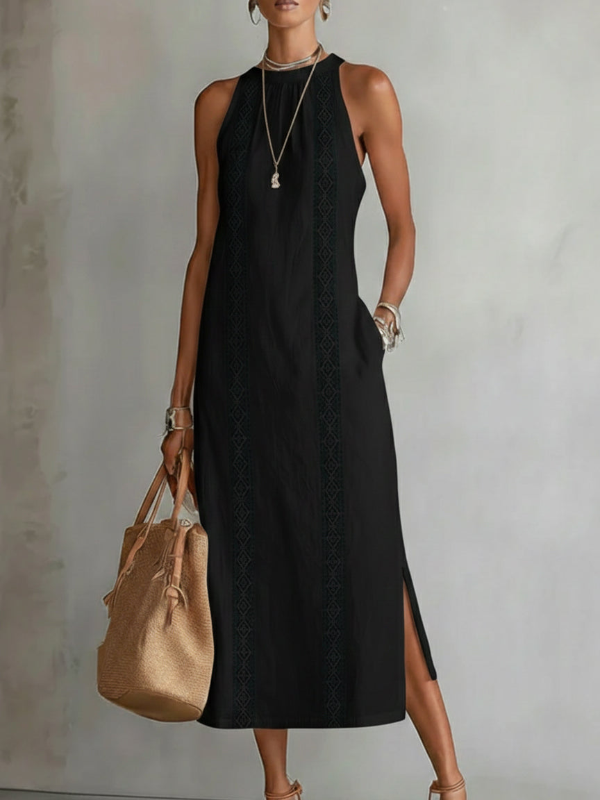 JIMENA LINEN MANDARIN COLLAR MIDI DRESS