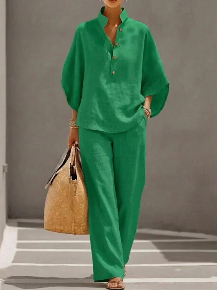 MARIBEL LINEN BATWING SLEEVE & WIDE-LEG PANTS SET