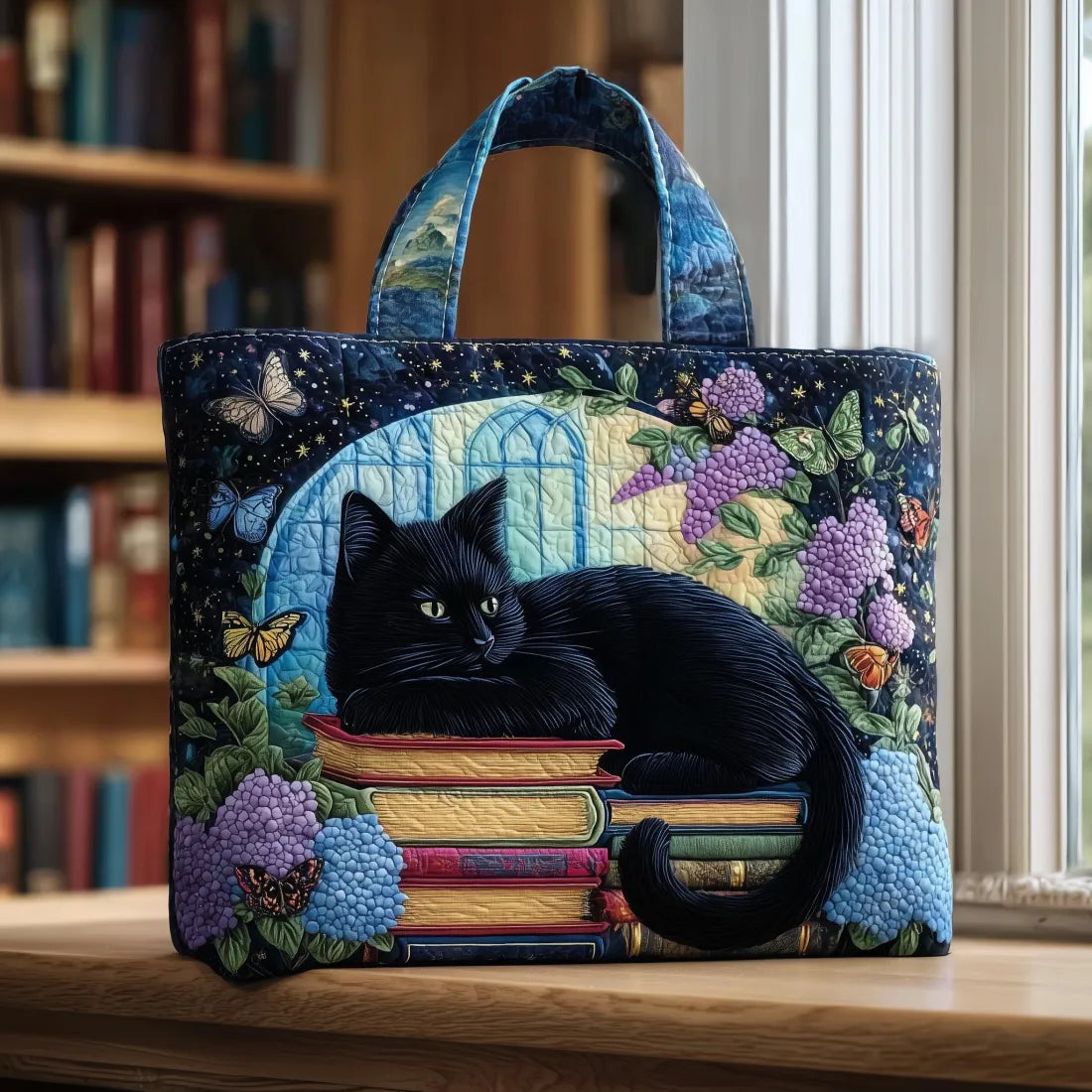 BLACK CAT ON BOOKS TOTE BAG