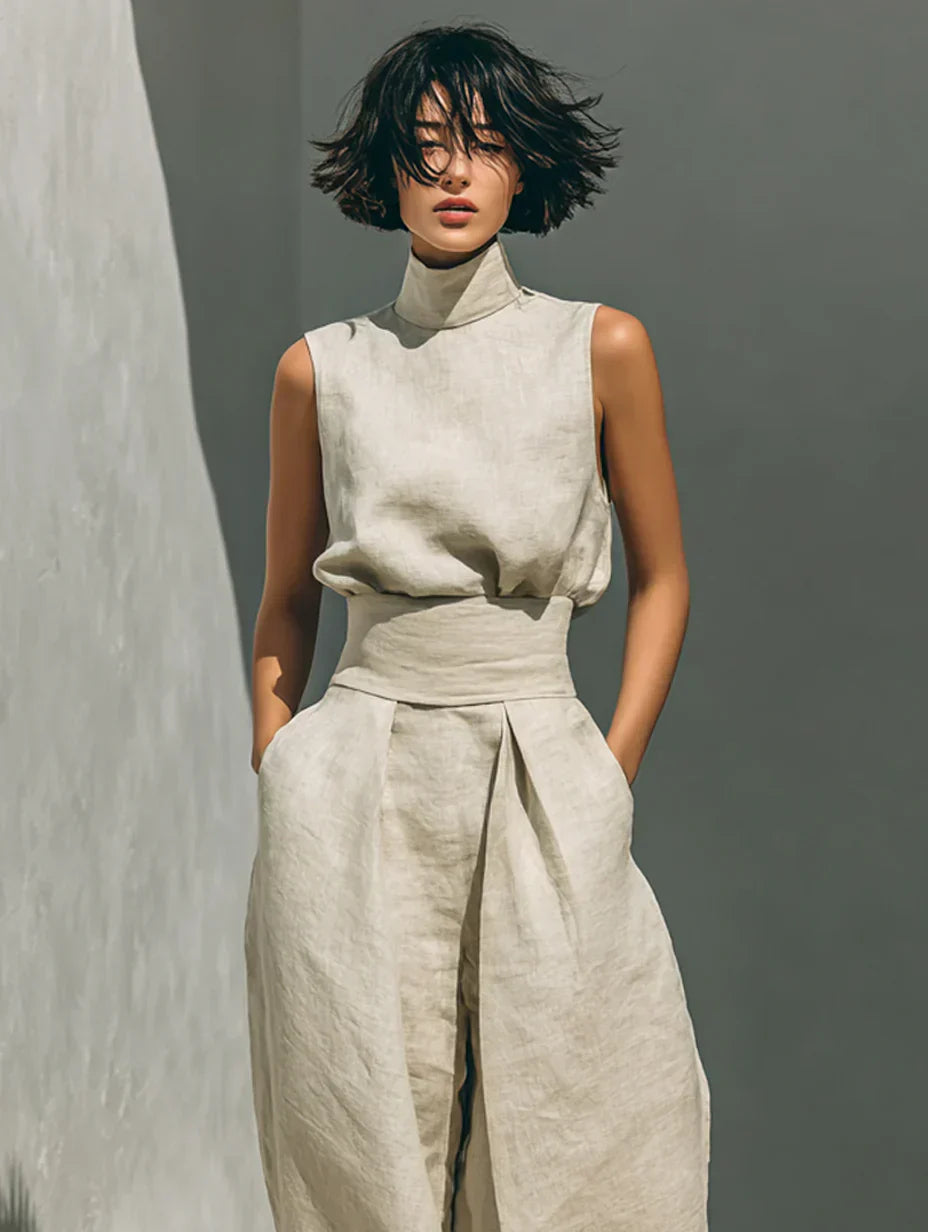 FLOR MINIMALIST COTTON-LINEN SET: TOP & WIDE-LEG PANTS