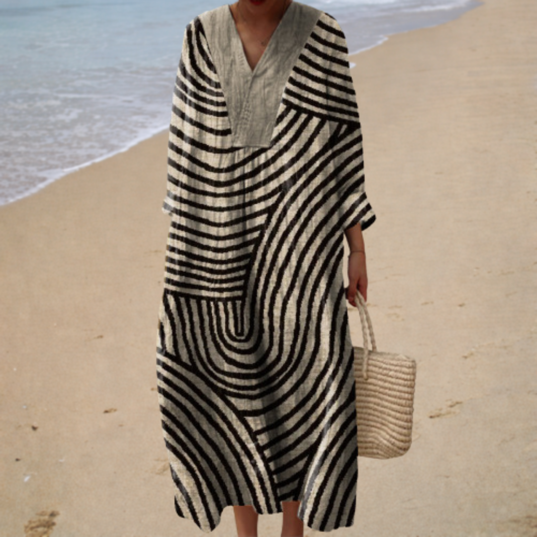 FLATTERING PRINTED SUMMER DRESS - BLACK & WHITE STRIPE