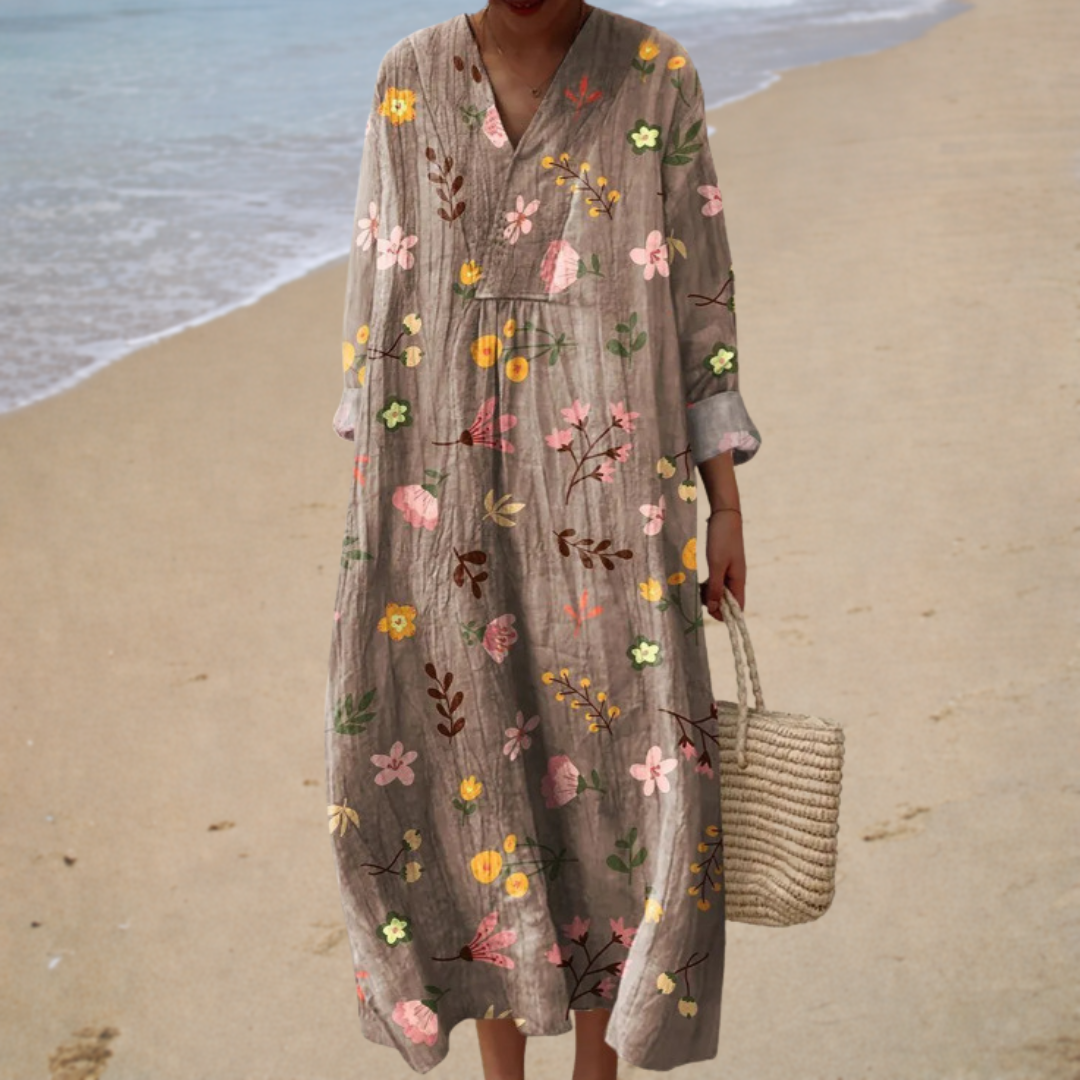 FLATTERING PRINTED SUMMER DRESS - NATURAL TONES