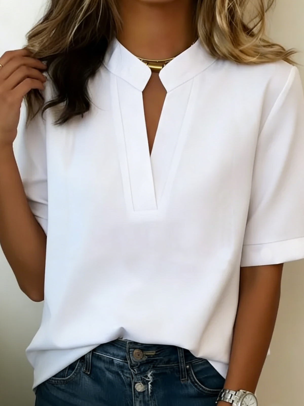 CHIC V-NECK BLOUSE WITH GOLD DETAIL