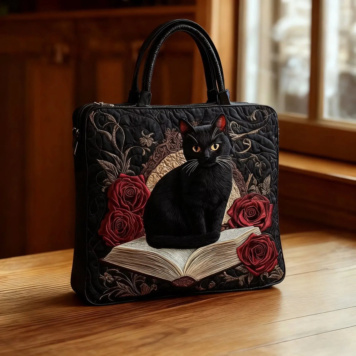 BLACK CAT ON BOOKS QUILTED BAG