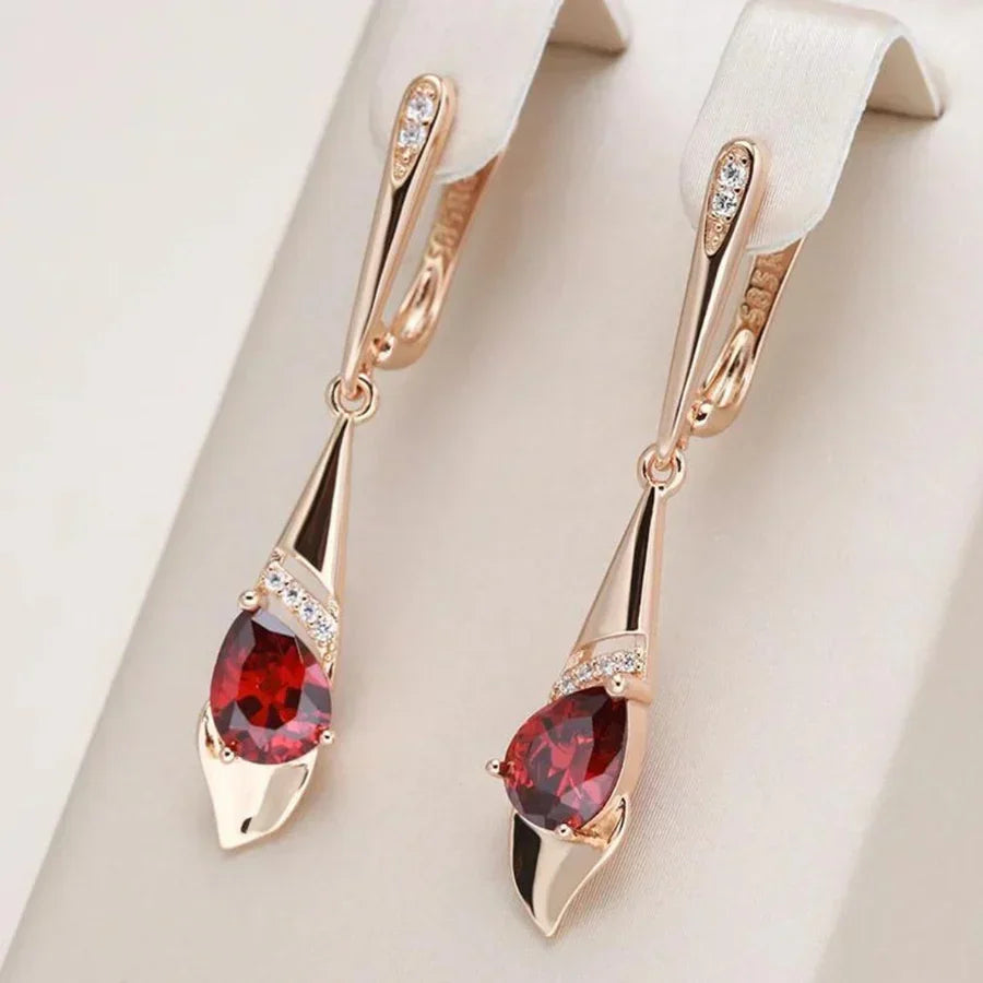 Exquisite Pendant with Red Crystal Earrings | Gold