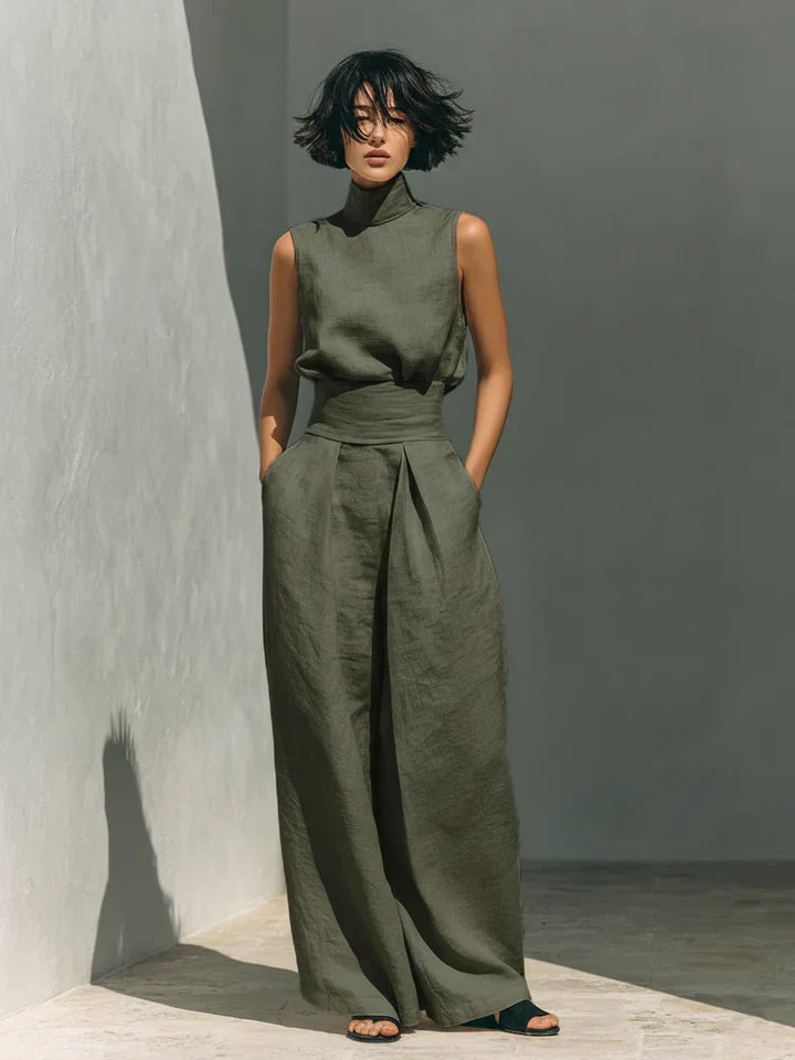FLOR MINIMALIST COTTON-LINEN SET: TOP & WIDE-LEG PANTS