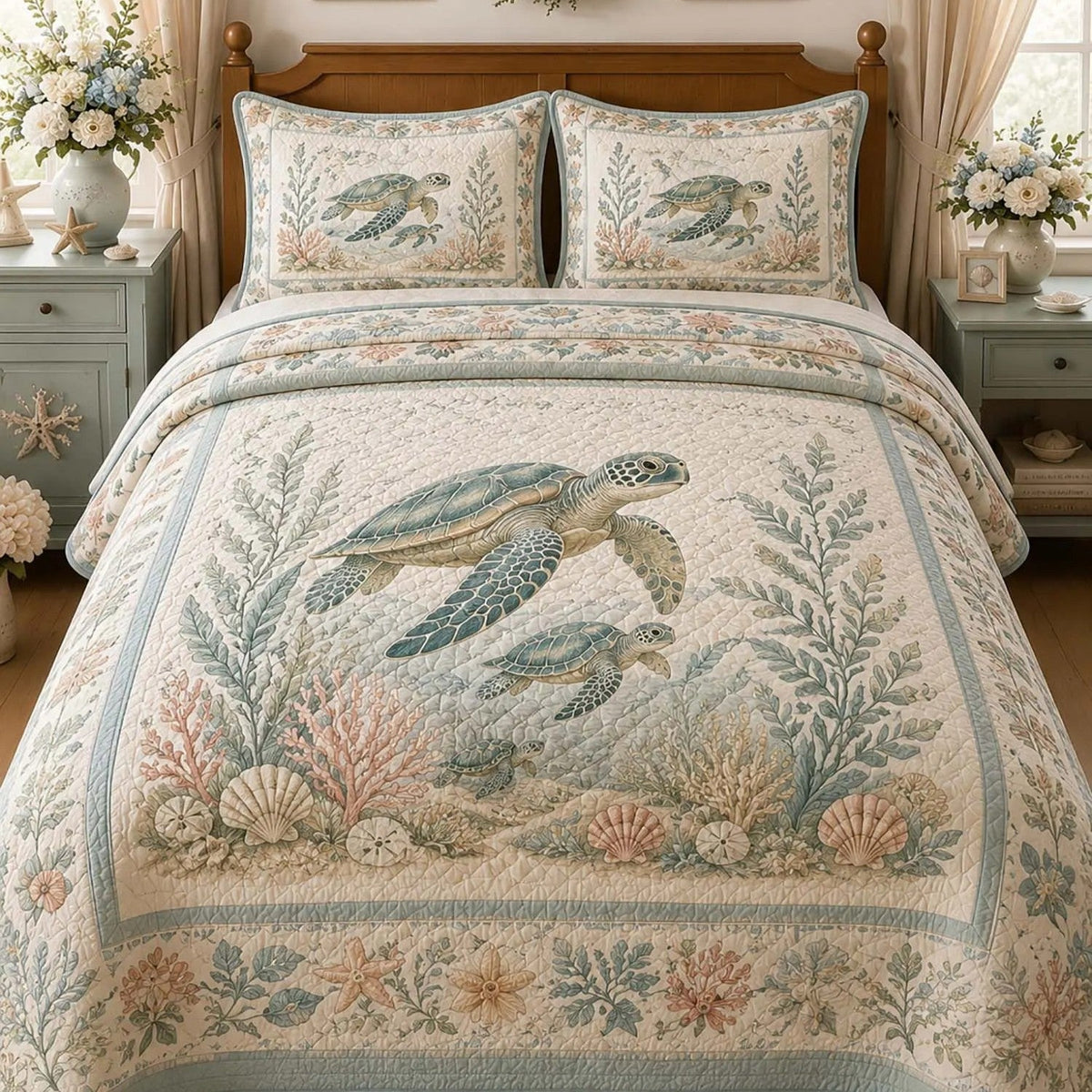 Pastel Ocean Sea Turtle Quilted Bedding Set LD63