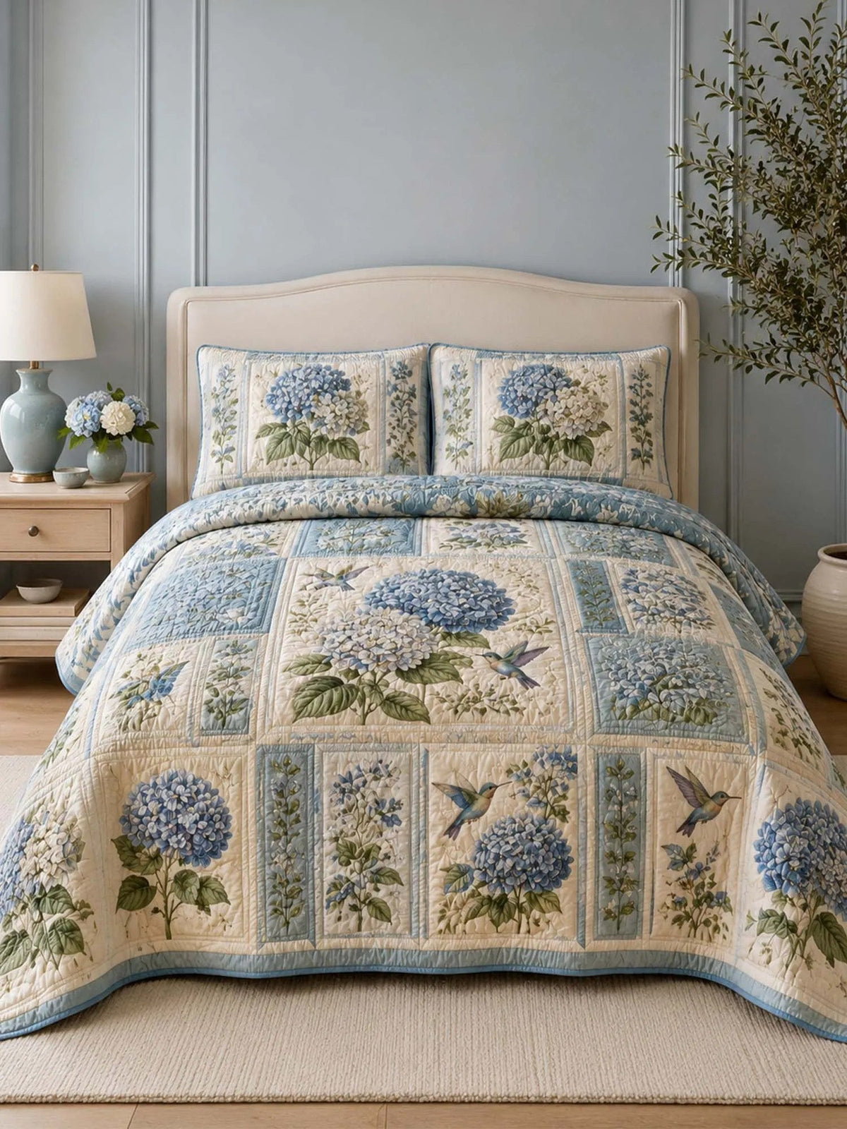 Blue Hydrangea Quilted Bedding Set QV79