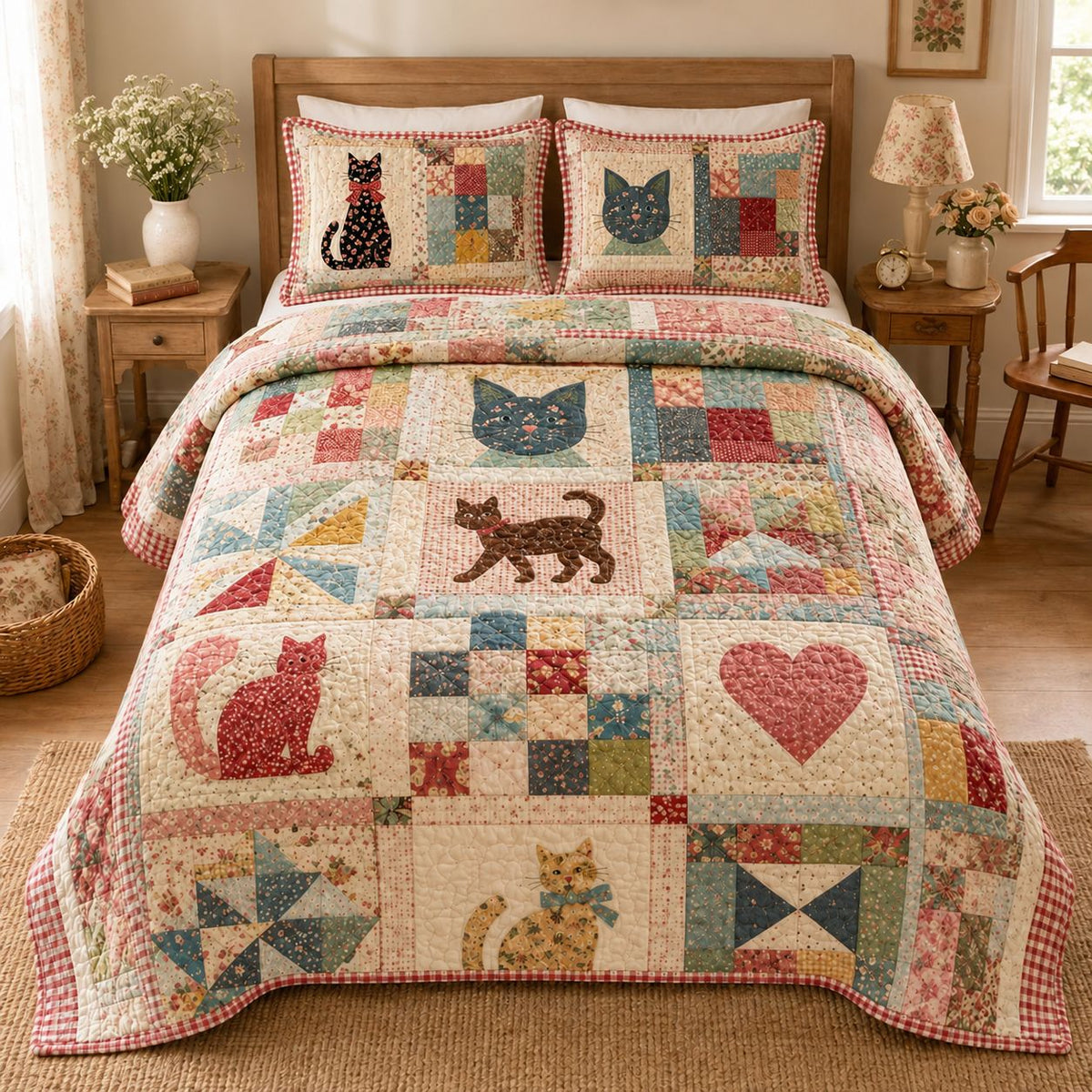 Cozy Vintage Cat Patchwork Quilted Bedding Set TP50