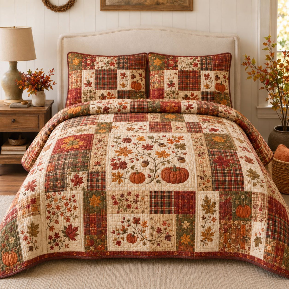 Autumn Maple Leaves & Pumpkin Patchwork Quilted Bedding Set TP77