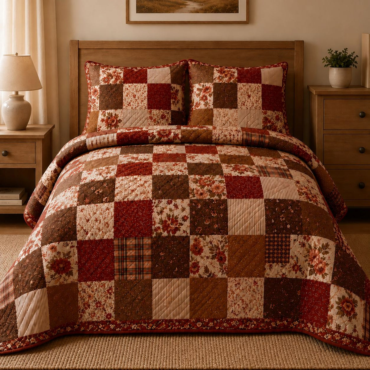 Country Style Floral & Plaid Quilted Bedding Set LV91
