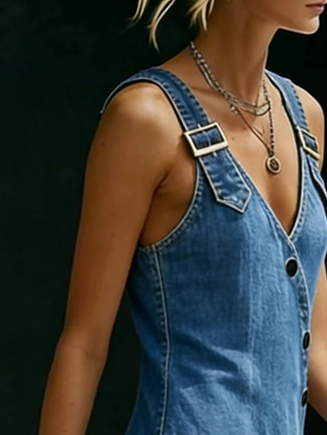 VERA BUTTON-FRONT DENIM MAXI DRESS