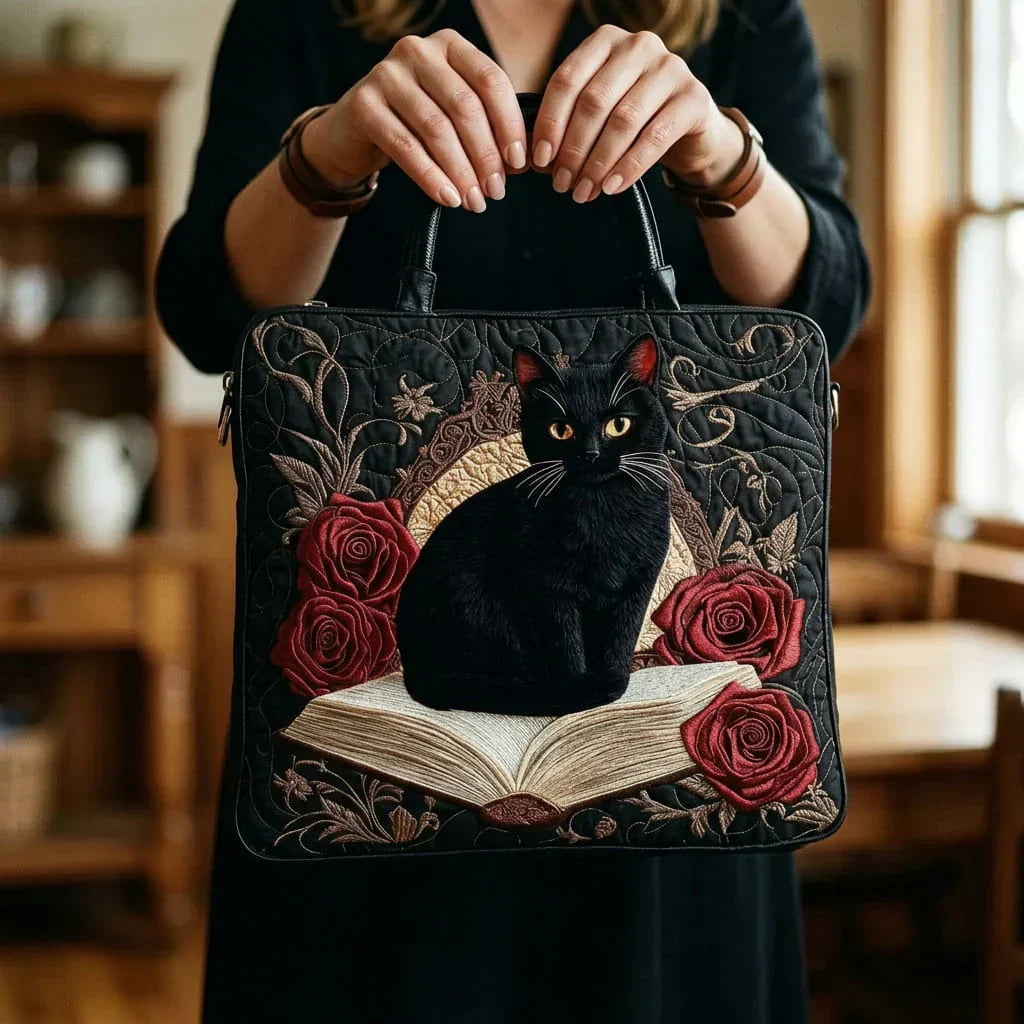BLACK CAT ON BOOKS QUILTED BAG