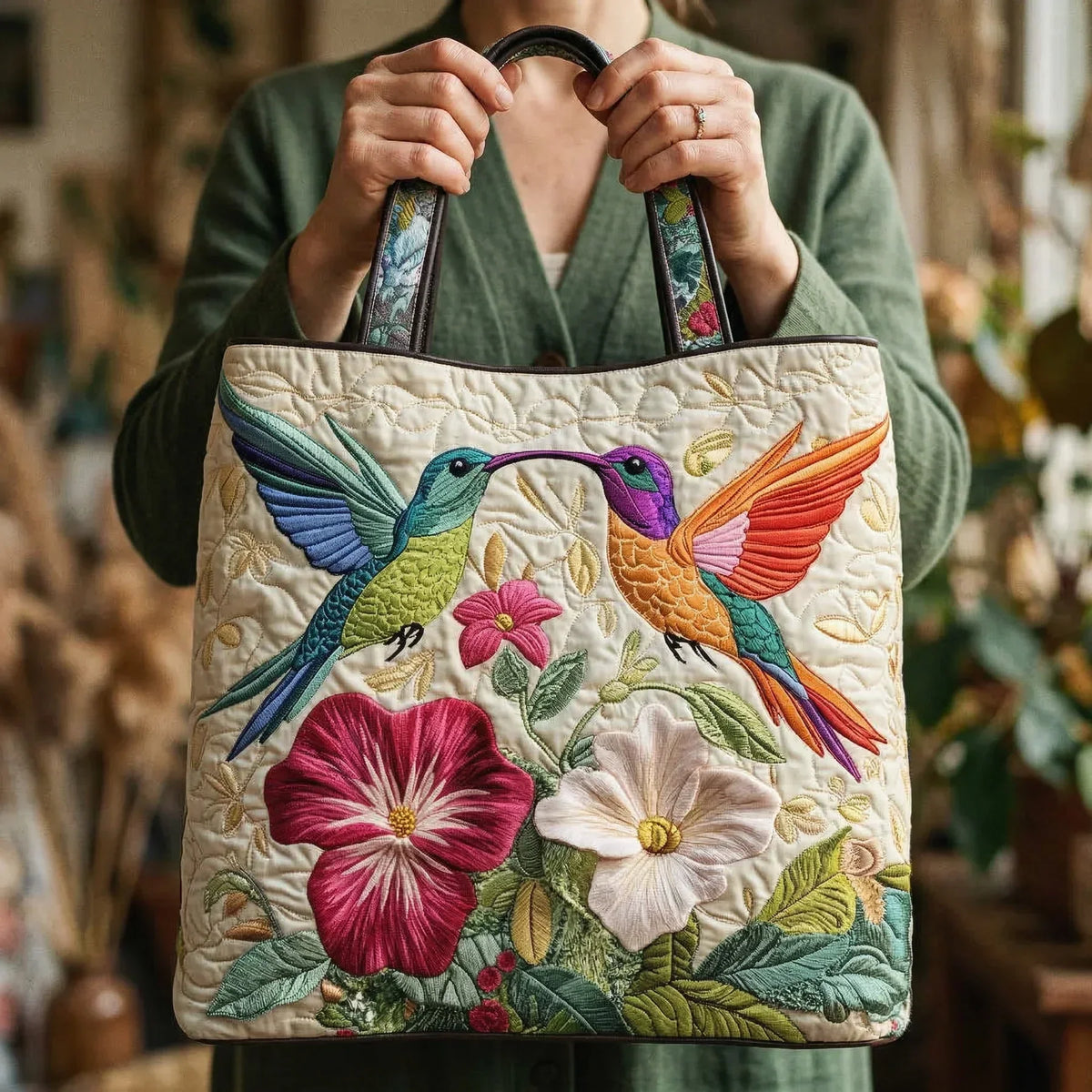 HUMMINGBIRD & WHITE FLOWERS QUILTED BAG