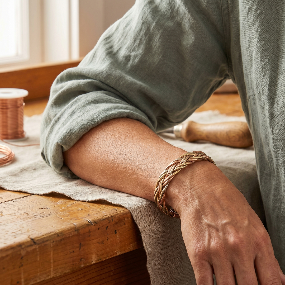 BRAIDED COPPER CUFF WITH RECTANGULAR ENDS