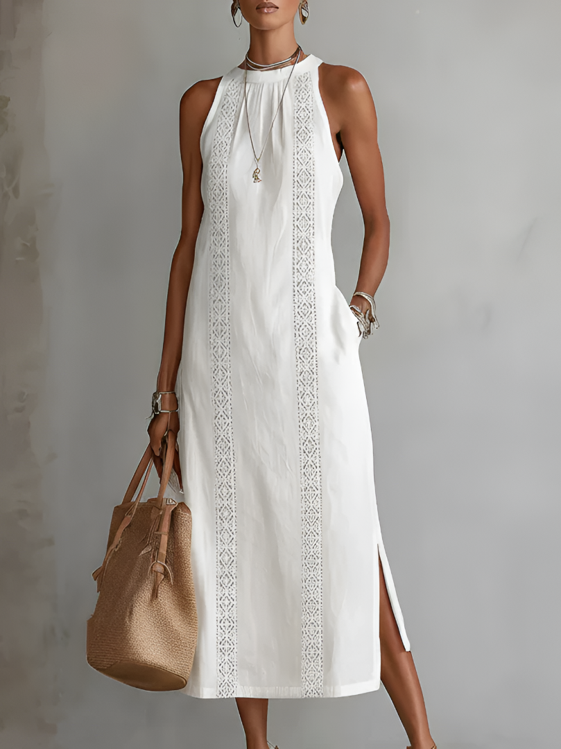 JIMENA LINEN MANDARIN COLLAR MIDI DRESS