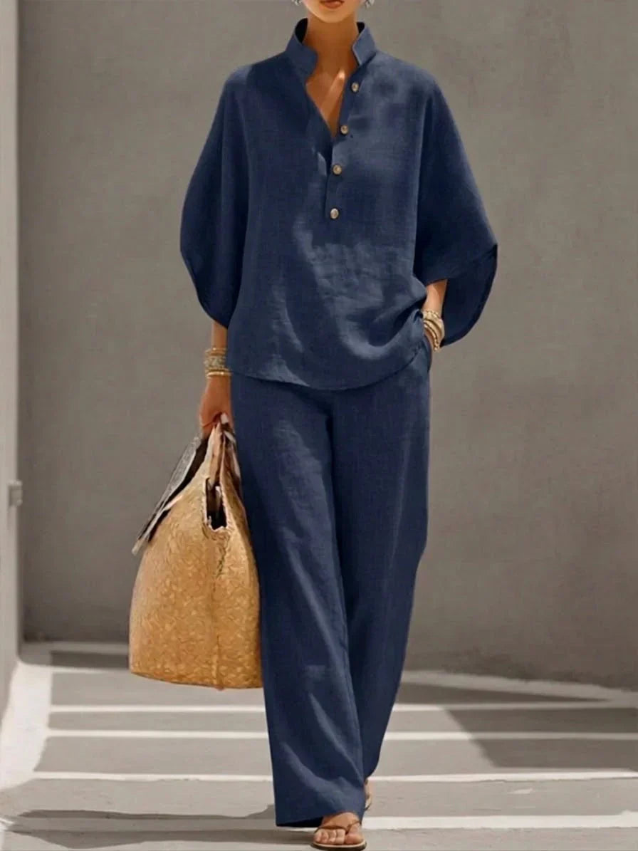 MARIBEL LINEN BATWING SLEEVE & WIDE-LEG PANTS SET