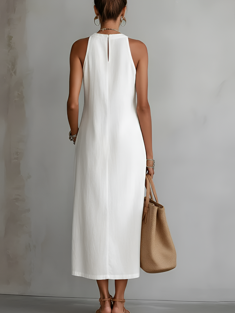 JIMENA LINEN MANDARIN COLLAR MIDI DRESS