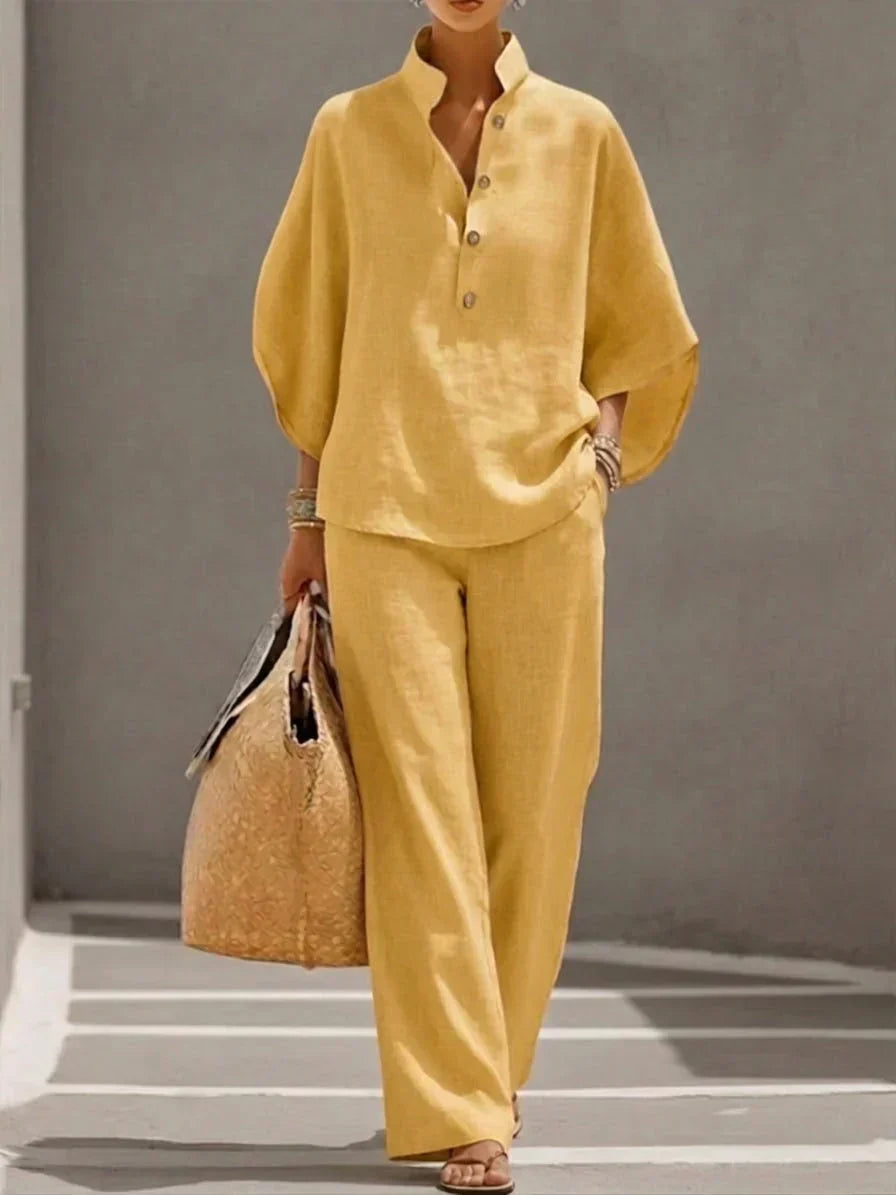 MARIBEL LINEN BATWING SLEEVE & WIDE-LEG PANTS SET