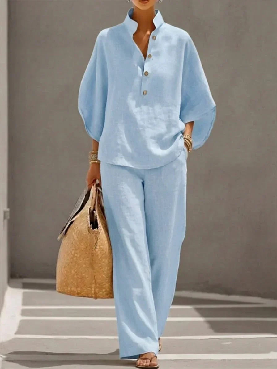 MARIBEL LINEN BATWING SLEEVE & WIDE-LEG PANTS SET