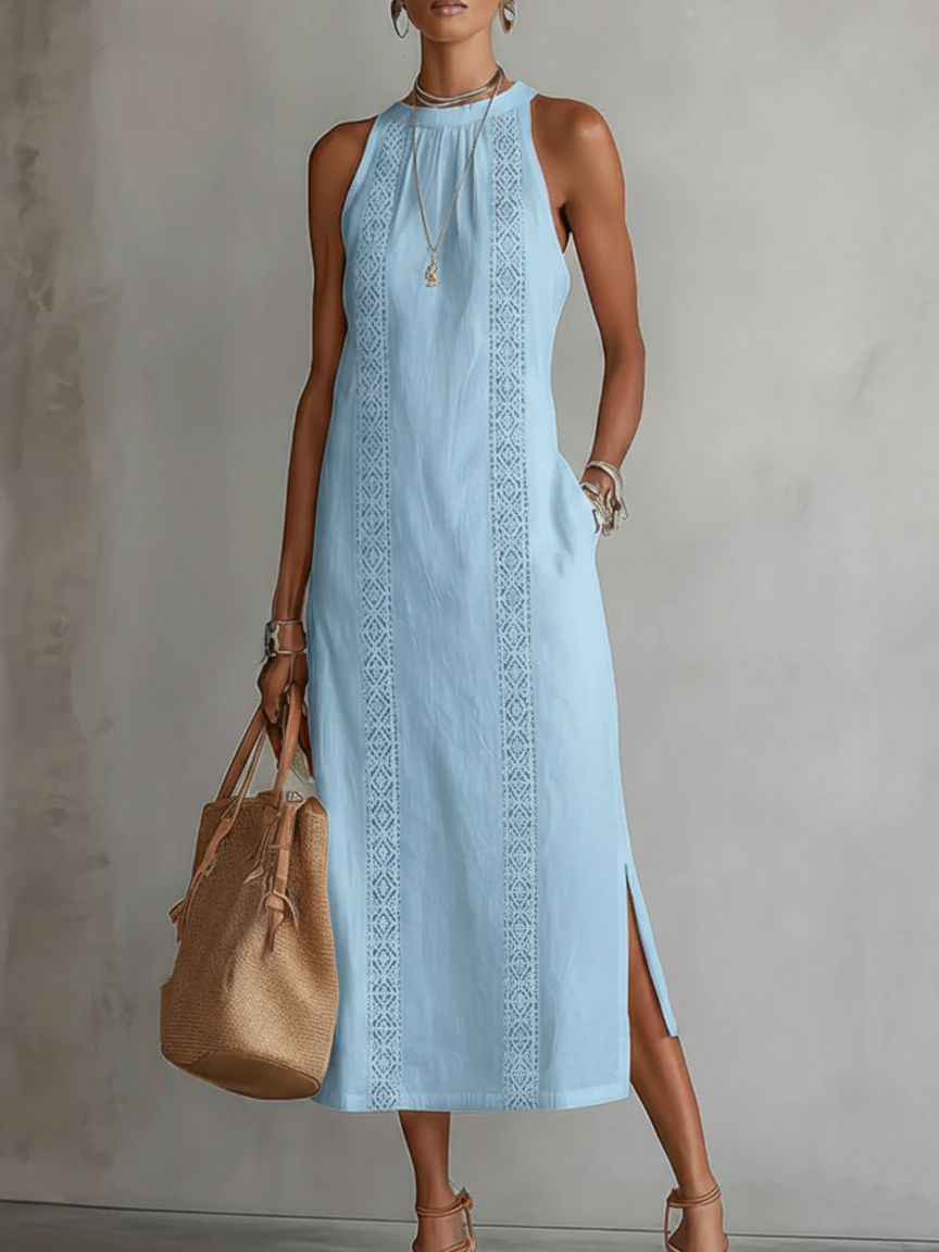 JIMENA LINEN MANDARIN COLLAR MIDI DRESS