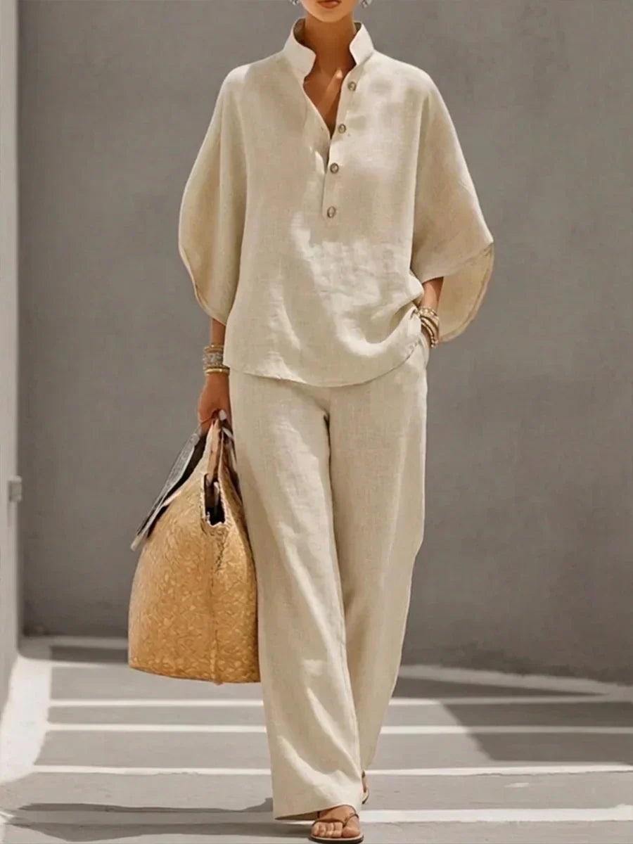 MARIBEL LINEN BATWING SLEEVE & WIDE-LEG PANTS SET