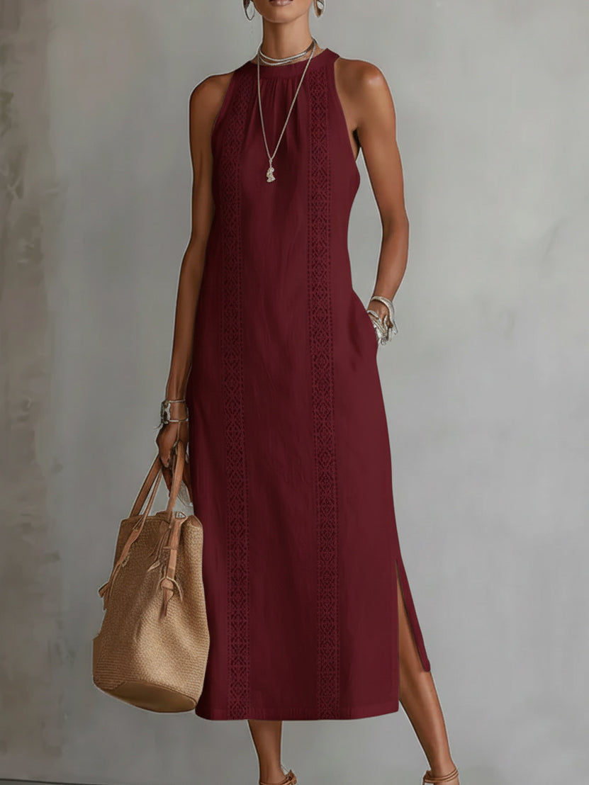 JIMENA LINEN MANDARIN COLLAR MIDI DRESS